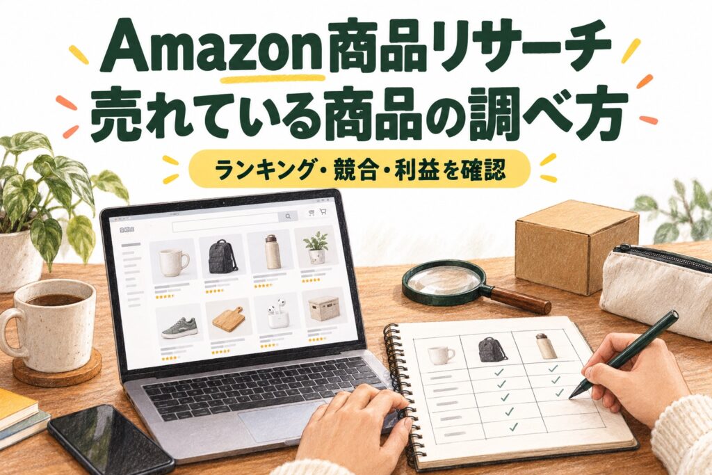 Amazonで販売する候補を商品一覧と比較ノートで調べるイラスト