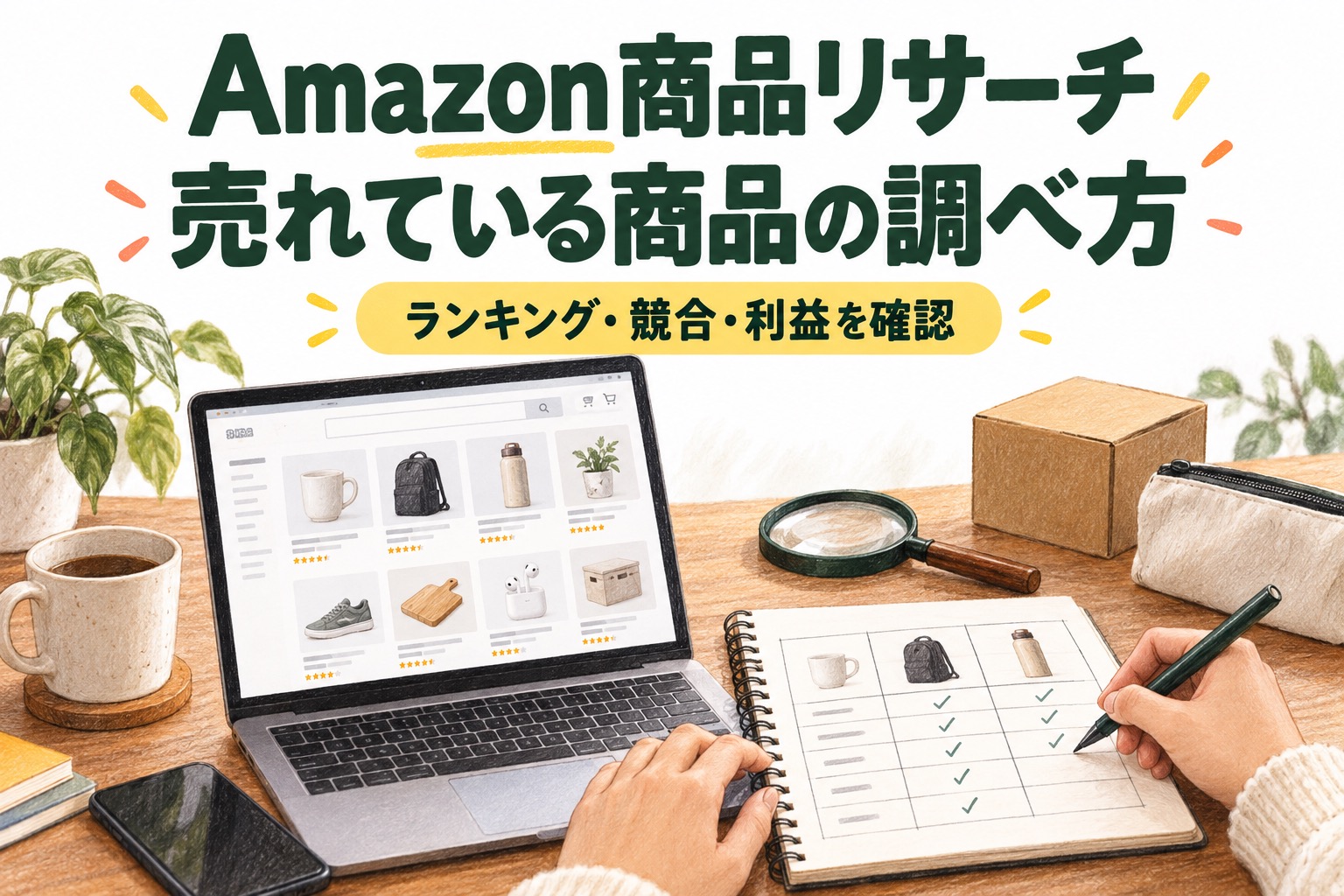 商品一覧と比較ノートを使ってAmazon販売の候補商品を調べるイラスト