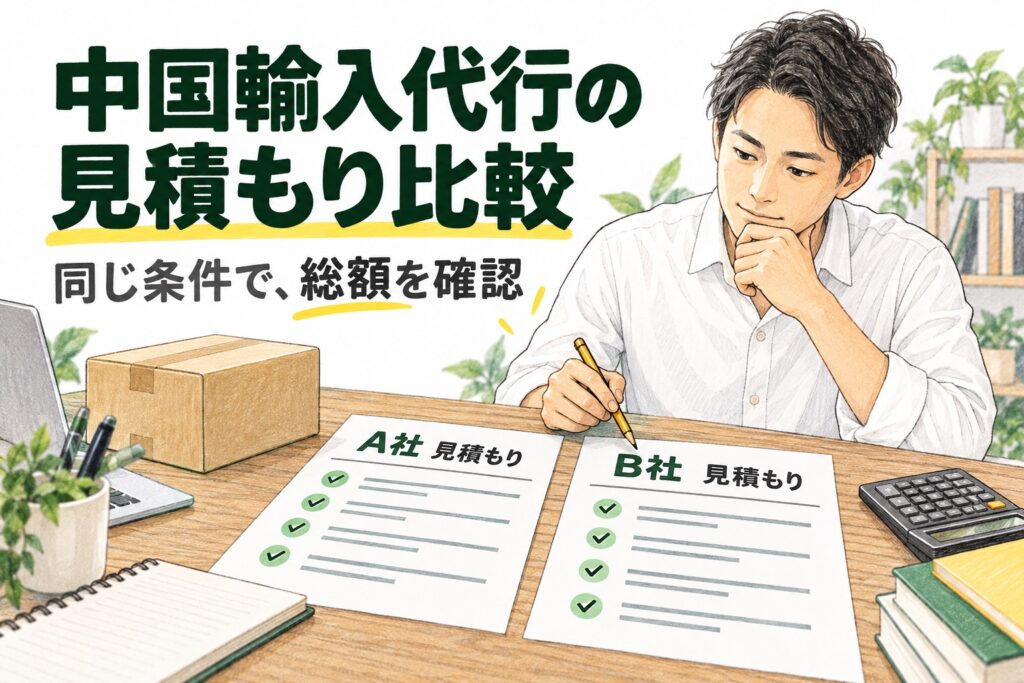 2社の見積書を同じ条件で比較する様子を描いたイラスト