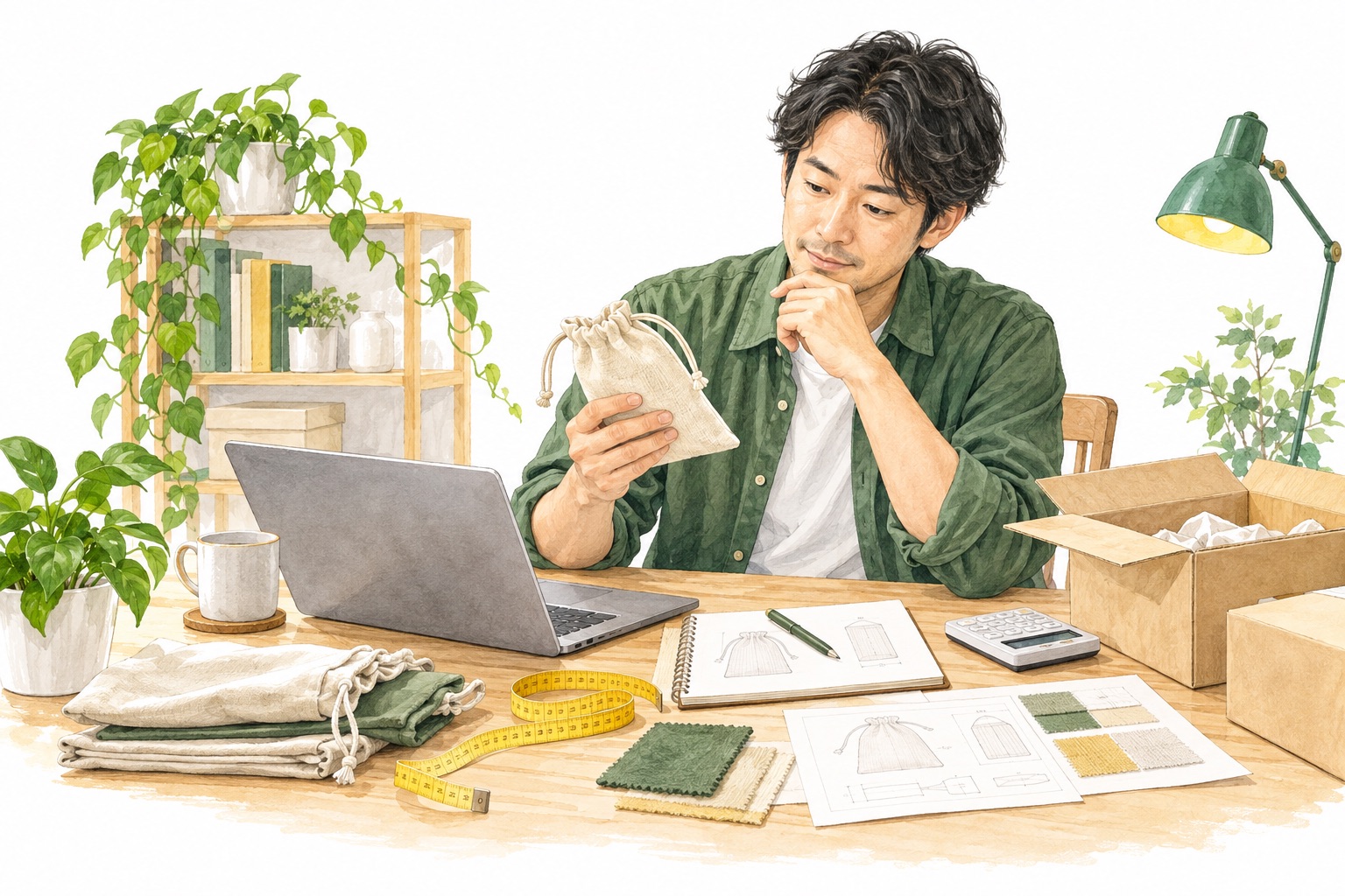 商品見本、箱、寸法メモを見ながら中国仕入れを調べる人のイラスト