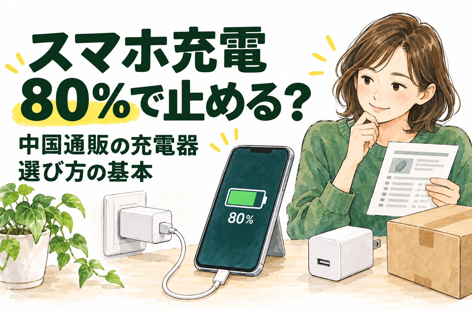 80％の充電表示があるスマートフォンと充電器の仕様を確認する人のイラスト